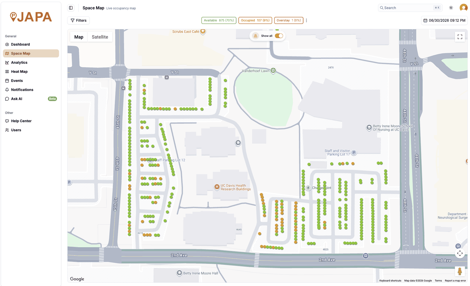 The JAPA Console, live Space Map showing per space occupancy