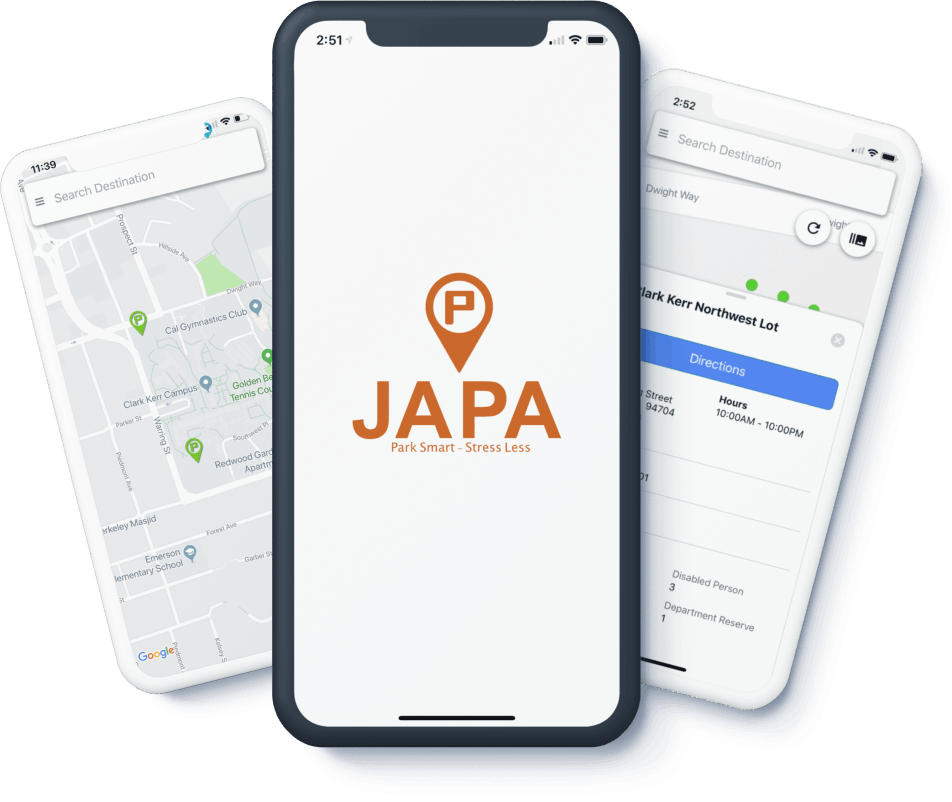 JAPA driver app showing live open parking spaces and turn-by-turn directions