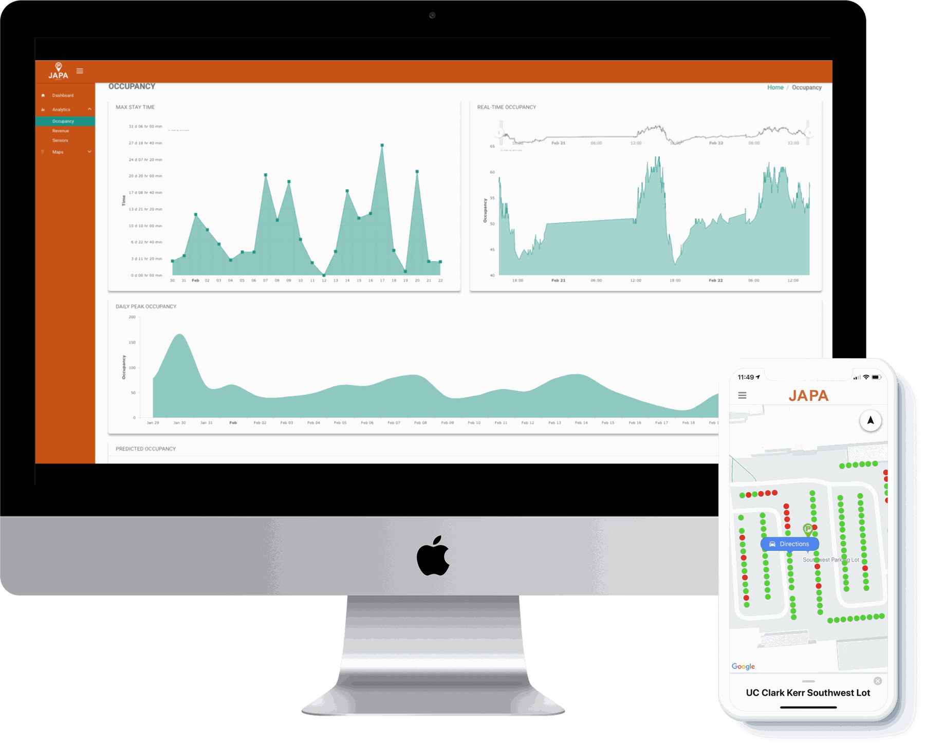 The JAPA Console on desktop showing occupancy analytics, alongside the JAPA driver app on mobile with a live parking map